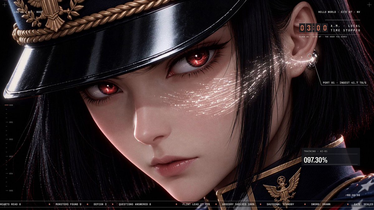 Anime AI android in black and gold uniform, frame from the 'hello, world' video